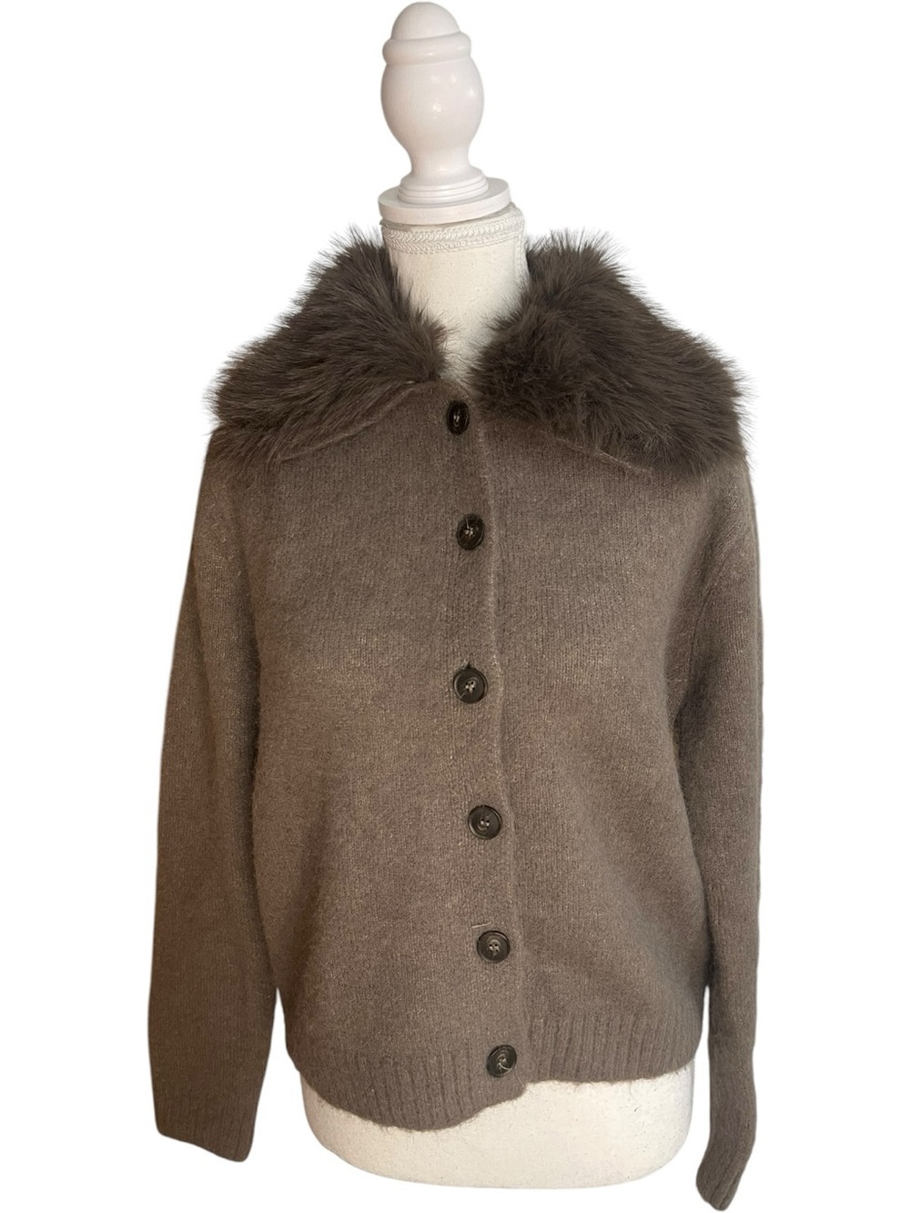 Zara Faux Fur Lapel Button-Up Cardigan Brown